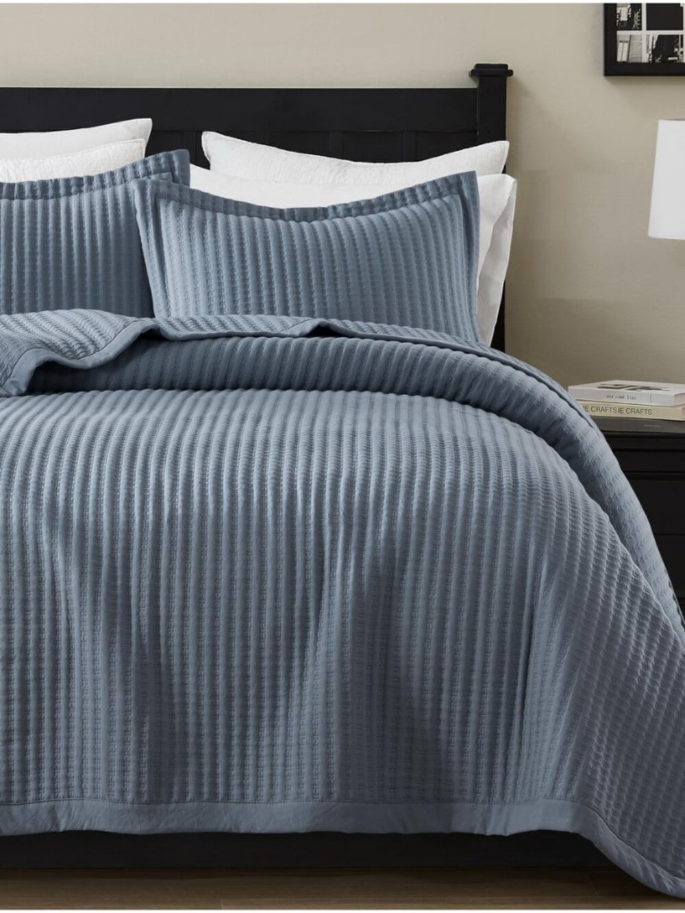 Dusty Blue Twin Size Quilt Set, Striped Pick Stitch Bedspread